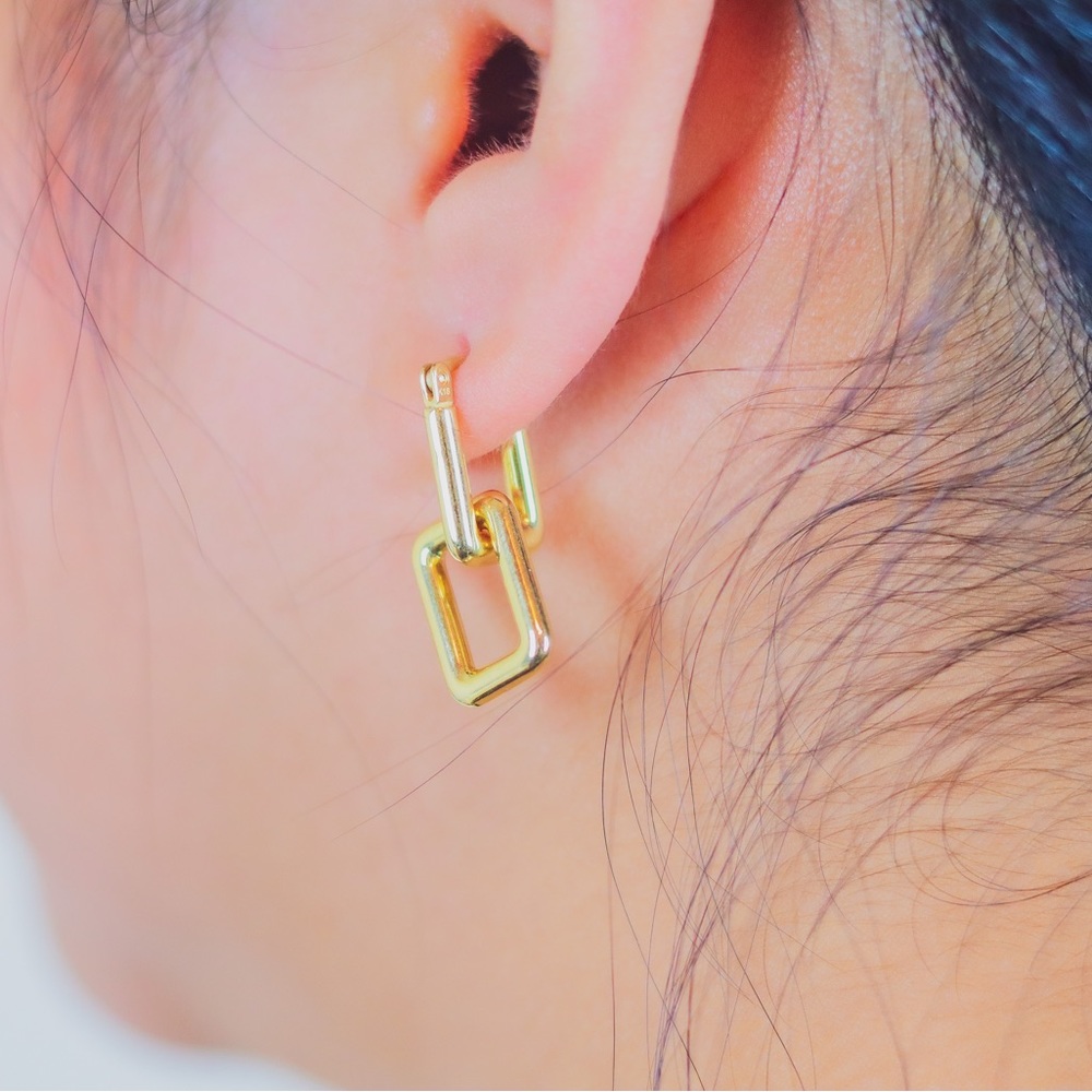 Double Square 18K Solid Gold Earrings - two way